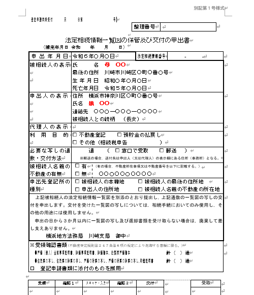 作成する法定相続情報申出書：相続人が子一人